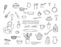 Kitchen doodle elements isolated. Vector illustrations collection of cooking utensils. Kitchenware set. Outline dishes Royalty Free Stock Photo
