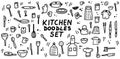 Kitchen doodles icon set. Hand drawn lines kitchen cooking tools and appliances, kitchenware, utensil cartoon icons collection.