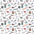 Kitchen doodles pattern. Kitchenware elements vector background. Cute doodle illustrations of cooking utensils