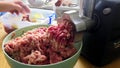 Kitchen electric meat grinder shreds meat into strips of minced meat. Unmodified camera color.