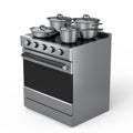 Kitchen electric stove or gas cooker with burning flames of propane gas on white