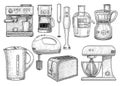 Kitchen electronic tool collection illustration, drawing, engraving, ink, line art, vector Royalty Free Stock Photo