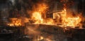A kitchen engulfed in flames due to an accident, showcasing extensive damage and destruction caused by fire Royalty Free Stock Photo