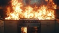A kitchen engulfed in flames highlights the importance of fire safety and emergency preparedness Royalty Free Stock Photo