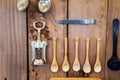 Kitchen equipment and cutlery collection isolated on the wall