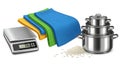 Kitchen Essentials Set with Stainless Steel Pots, Digital Scale, and Rice Royalty Free Stock Photo
