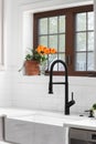 A kitchen faucet detail with a farmhouse sink and subway tile backsplash. Royalty Free Stock Photo