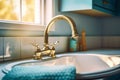 A kitchen faucet gleams against the backdrop of a beautiful kitchen interior Royalty Free Stock Photo