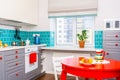 Kitchen features dark gray flat front cabinets paired with white quartz countertops