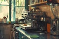 The kitchen features a vintage coffee machine surrounded by stacked dishes and Royalty Free Stock Photo