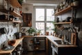 A kitchen filled with lots of wooden shelves. Generative AI image. Royalty Free Stock Photo