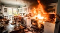 Kitchen fire accident. Accident in the kitchen leads to a fire outbreak, causing chaos and urgency.