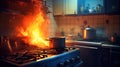 Kitchen fire accident, Stove ignited in the kitchen during cooking, Smoke and soot around