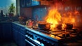 Kitchen fire accident, Stove ignited in the kitchen during cooking, Smoke and soot around