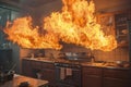 Kitchen in flames, fire accident in the house Royalty Free Stock Photo