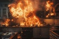 Kitchen in flames, fire accident in the house Royalty Free Stock Photo