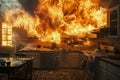 Kitchen in flames, fire accident in the house Royalty Free Stock Photo