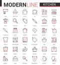 Kitchen flat line icon vector illustration set, with glass dishware, equipment tools for cooking food and household Royalty Free Stock Photo