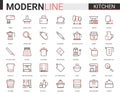 Kitchen flat line icon vector illustration set, with glass dishware, equipment tools for cooking food and household Royalty Free Stock Photo