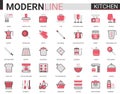 Kitchen flat line icon vector illustration set, with glass dishware, equipment tools for cooking food and household Royalty Free Stock Photo