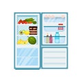 Kitchen fridge full of products. Open refrigerator. Fresh vegetables and fruits, tasty cake. Flat vector design