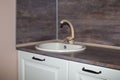 Kitchen furniture with beige sink and brown countertop. Kitchen interier