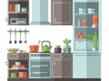 Kitchen with furniture, cooking utensils and appliances. Flat style vector illustration.