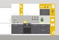 Kitchen with furniture. Cozy kitchen interior with table, stove, cupboard, dishes and fridge. Flat style vector