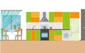 Kitchen with furniture. Cozy kitchen interior with table, stove, cupboard, dishes and fridge. Flat style vector