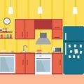 Kitchen with furniture. Cozy kitchen interior with table, stove, cupboard, dishes and fridge. Flat style vector illustration