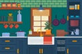 Kitchen with furniture. Cozy room interior with table, stove, cupboard and dishes. Flat style vector illustration.Vector