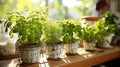 Kitchen garden, herbs on windowsill Royalty Free Stock Photo