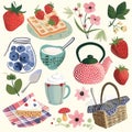 kitchen and garden illustrations with a whimsical, hand-painted style. Include a jar of blueberries, a bowl of Royalty Free Stock Photo