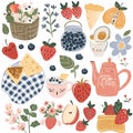 kitchen and garden illustrations with a whimsical, hand-painted style. Include a jar of blueberries, a bowl of Royalty Free Stock Photo