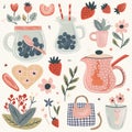 kitchen and garden illustrations with a whimsical, hand-painted style. Include a jar of blueberries, a bowl of Royalty Free Stock Photo