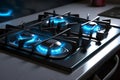 Kitchen gas cooktop with burning blue flame. Generate ai