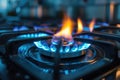 Kitchen gas stove burner alight with blue yellow flame