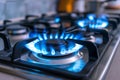 Kitchen gas stove burner with blue flame. Gas cooker with burning flames of propane gas. Global gas crisis and price rise Royalty Free Stock Photo