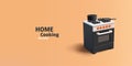 Kitchen gas stove with oven, 3d render detailed vector illustration, with a frying pan and a pot on a gas heater