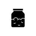 Kitchen glass bottle with dry powder, cooking ingredient. Silhouette icon of sourdough, yeast starter in jar. Black pictogram of