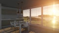 Kitchen with glass doors and sea landscape Royalty Free Stock Photo