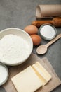 Kitchen gray table with utensils and ingredients for baking