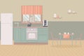 Kitchen home cute country interior. Indoor furniture and equipment: fridge and stove and cupboard and shelves, table, cups of tea,