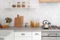 Kitchen at home with white modern interior Royalty Free Stock Photo