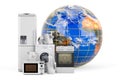 Kitchen household appliances with Earth Globe. Global shopping concept, 3D rendering Royalty Free Stock Photo