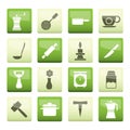 Kitchen and household tools icons over green background