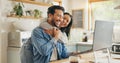 Kitchen, hug and couple with a tablet, love and internet connection with social media, home and speaking. Network, man Royalty Free Stock Photo