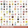 100 kitchen icons set, flat style Royalty Free Stock Photo