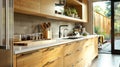 The kitchen incorporates bamboo both in its design and functional elements. Bamboo cabinets offer ample storage space