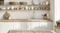 The kitchen incorporates Scandinavian simplicity with its sleek white cabinetry and light wood accents. A wooden